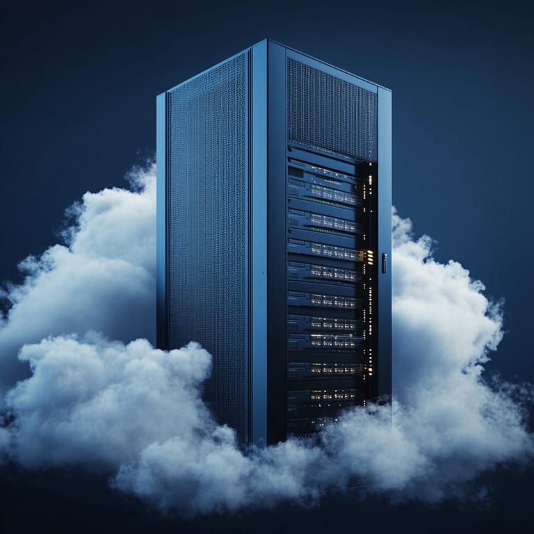 Server cabinets standing above a blanket of cloud